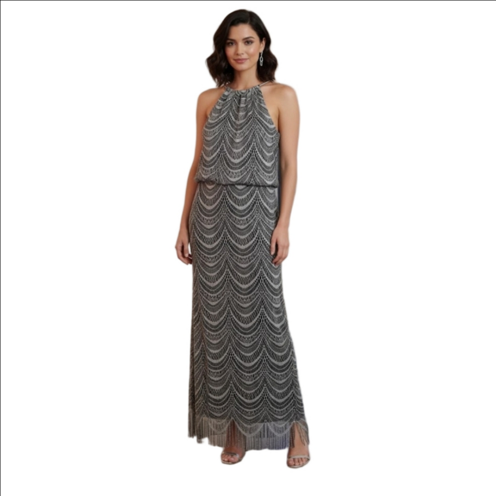 SL Fashion Metallic Blouson Patterned Maxi Dress